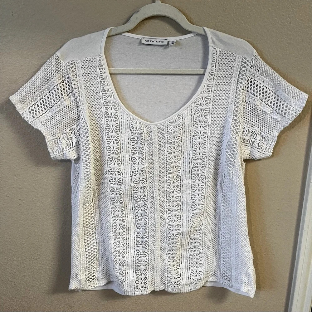 Notations, Women's Eyelet Embroidery Short Sleeve V Neck T Shirt White Tee Tops